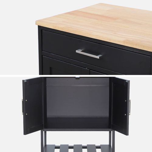 Desserte De Cuisine Noire Bendor Plateau En Bois D'hévéa. 56 X 46 X 90 Cm. 4 Roues. 1 Tiroir. 2