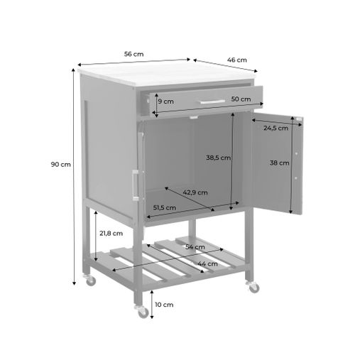 Desserte De Cuisine Blanche Bendor Plateau En Bois D'hévéa. 56 X 46 X 90 Cm. 4 Roues. 1 Tiroir. 2