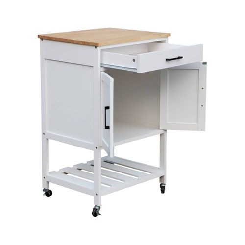 Desserte De Cuisine Blanche Bendor Plateau En Bois D'hévéa. 56 X 46 X 90 Cm. 4 Roues. 1 Tiroir. 2