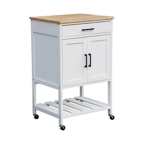 Desserte De Cuisine Blanche Bendor Plateau En Bois D'hévéa. 56 X 46 X 90 Cm. 4 Roues. 1 Tiroir. 2