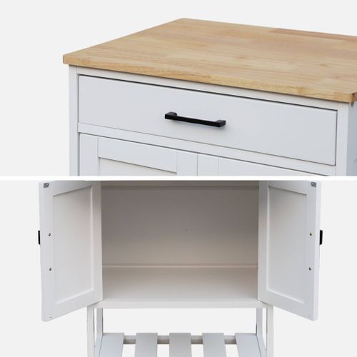 Desserte De Cuisine Blanche Bendor Plateau En Bois D'hévéa. 56 X 46 X 90 Cm. 4 Roues. 1 Tiroir. 2