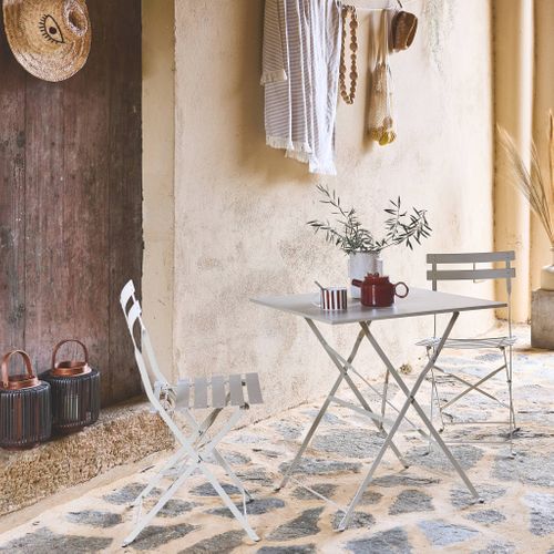 Table De Jardin Bistrot Pliante Métal + 2 Assises Beige 70 X 70cm. Acier Thermolaqué