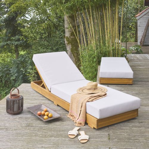 Lot De 2 Bains De Soleil Beige Dorina En Acacia Et Polyester. 3 Positions. Housse Déhoussable. 198