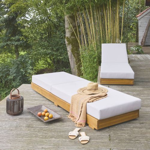 Lot De 2 Bains De Soleil Beige Dorina En Acacia Et Polyester. 3 Positions. Housse Déhoussable. 198