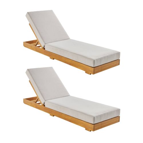 Lot De 2 Bains De Soleil Beige Dorina En Acacia Et Polyester. 3 Positions. Housse Déhoussable. 198