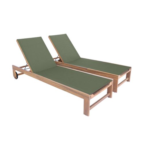 Lot De 2 Bains De Soleil En Bois D'acacia Et Textilène Kaki. Multi Positions Avec Roulettes
