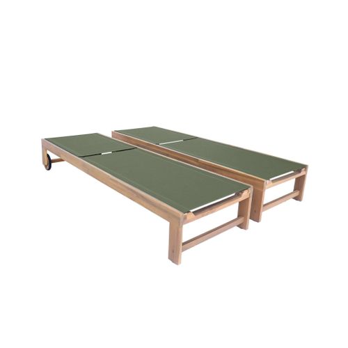 Lot De 2 Bains De Soleil En Bois D'acacia Et Textilène Kaki. Multi Positions Avec Roulettes