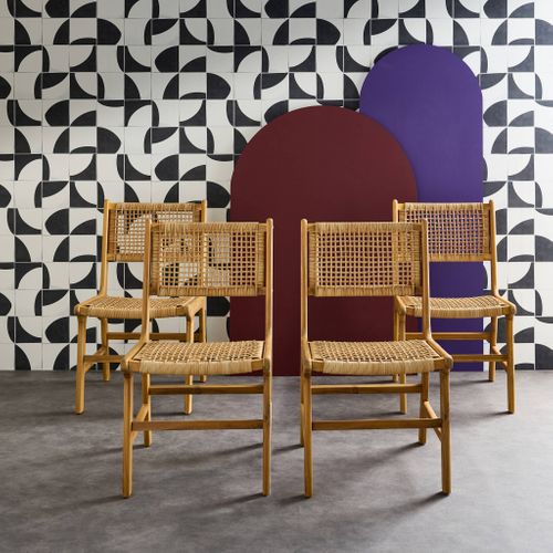Lot De 4 Chaises De Jardin Ocara. Cannage Et Bois. L 61 X 51 X 85cm