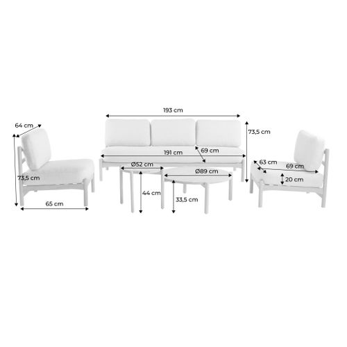 Salon De Jardin Copacabana 5 Places En Bois D'acacia. Housse Beige En Lin. Un Banc. Deux Fauteuils.