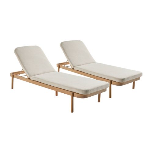 Lot De 2 Bains De Soleil Punta Cana En Bois D'acacia. Inclinable. Déhoussable. Coussin Beige En