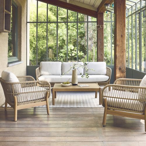 Salon De Jardin Ipanema En Acacia Avec De La Corde. 5 Places. Coussins Beiges En Oléfine. Table