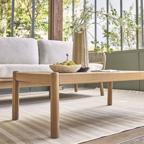 Salon De Jardin Ipanema En Acacia Avec De La Corde. 5 Places. Coussins Beiges En Oléfine. Table