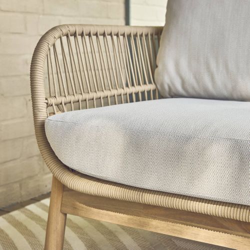 Salon De Jardin Ipanema En Acacia Avec De La Corde. 5 Places. Coussins Beiges En Oléfine. Table