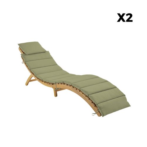 Lot De 2 Bains De Soleil En Bois D'acacia Laure Avec Coussin Kaki En Polyester. 184 X 55 X 63.5 Cm