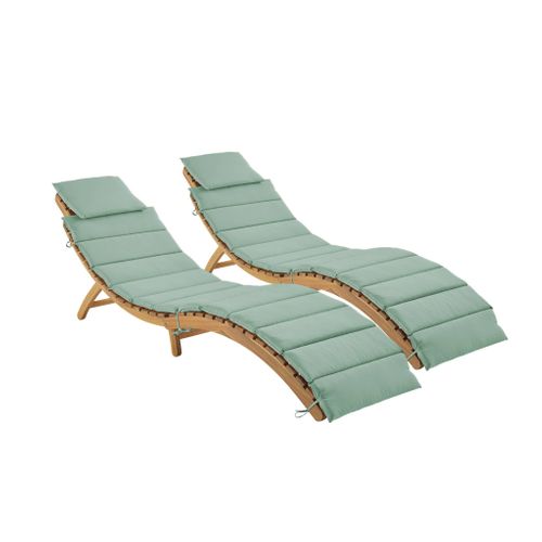 Lot De 2 Bains De Soleil En Bois D'acacia Laure Avec Coussin Vert De Gris En Polyester. 184 X 55 X
