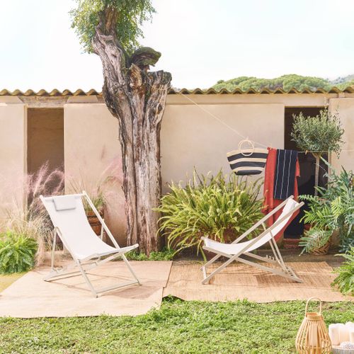 Lot De 2 Chaises Pliantes Matera Acier Et Textilène Avec Coussin. Beige. 102 X 62 X 81 Cm