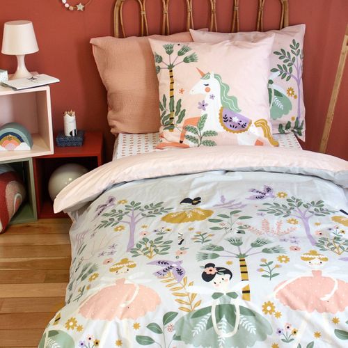 Parure De Lit Réversible Feerie 1 Place Imprimé Thème Licorne / Danseuse 140 X 200cm