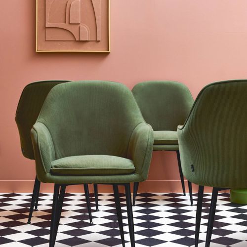 Lot De 4 Fauteuils En Velours Côtelé Kaki Foncé Et Pieds En Métal Noir Mat. L 57 X P 59 X H 84.5cm