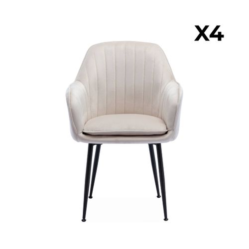 Lot De 4 Fauteuils En Velours Blanc Cassé Et Pieds En Métal Noir. Shella L 57 X P 59 X H 84.5
