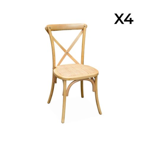 Lot De 4 Chaises De Bistrot En Bois De Cédrèle Naturel. Vintage. Assise En Rotin. Empilables