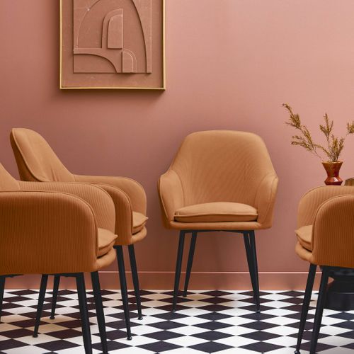 Lot De 4 Fauteuils En Velours Côtelé Camel Et Pieds En Métal Noir Mat. L 57 X P 59 X H 84.5cm