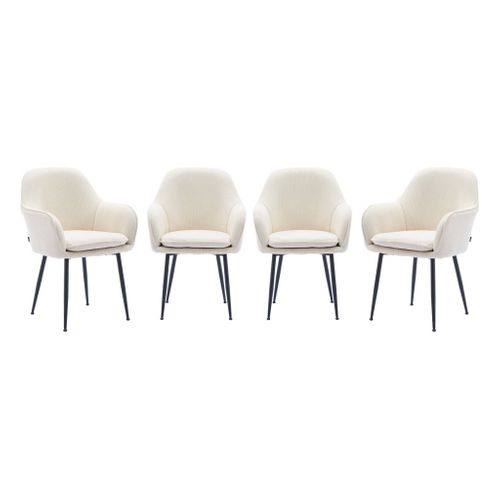 Lot De 4 Fauteuils En Velours Côtelé Blanc Cassé Et Pieds En Métal Noir Mat. L 57 X P 59 X H 84.5cm