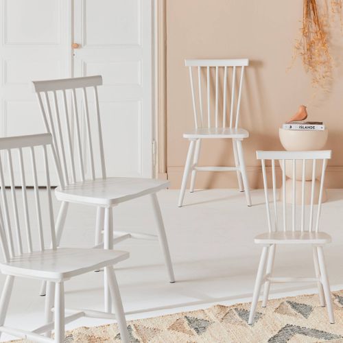 Lot De 4 Chaises Blanches à Barreaux En Bois D'hévéa. Romie. L 50.8 X P 44.2 X H 90cm