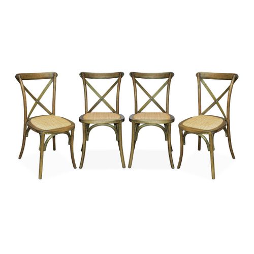 Lot De 4 Chaises De Bistrot En Bois D'hévéa Marron Vieilli. Vintage. Assise En Rotin