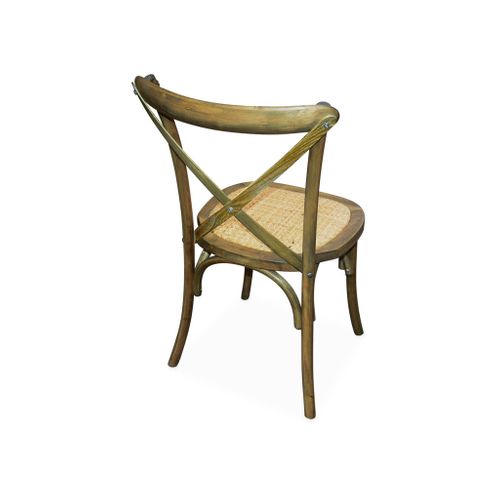 Lot De 4 Chaises De Bistrot En Bois D'hévéa Marron Vieilli. Vintage. Assise En Rotin