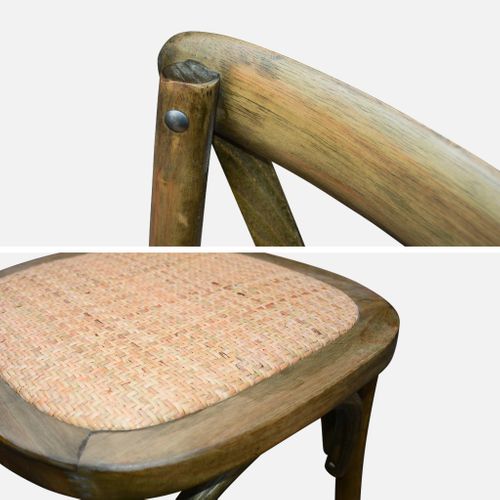 Lot De 4 Chaises De Bistrot En Bois D'hévéa Marron Vieilli. Vintage. Assise En Rotin