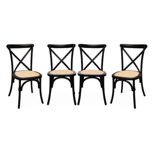 Lot De 4 Chaises De Bistrot En Bois D'hévéa Noir. Vintage. Assise En Rotin. Empilables