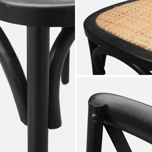 Lot De 4 Chaises De Bistrot En Bois D'hévéa Noir. Vintage. Assise En Rotin. Empilables