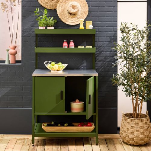 Cuisine D'extérieure En Acier Vert Avec 2 Étagères Suspendues Et 2 Portes L80cm