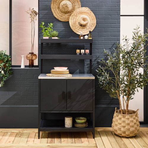 Cuisine D'extérieur En Acier Noir Avec 2 Étagères Suspendues Et 2 Portes L80cm