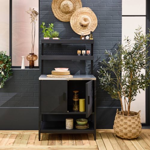 Cuisine D'extérieur En Acier Noir Avec 2 Étagères Suspendues Et 2 Portes L80cm
