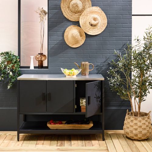 Cuisine D'extérieure En Acier Noir 3 Portes.1 Étagère L120cm