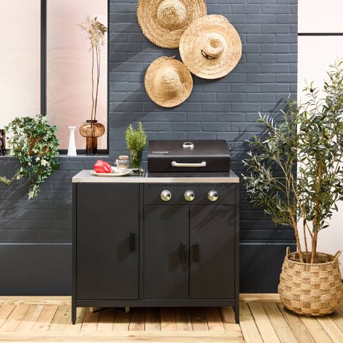 Barbecue Gaz 3 Brûleurs . Noir. 3 Portes Et 2 Espaces De Rangement