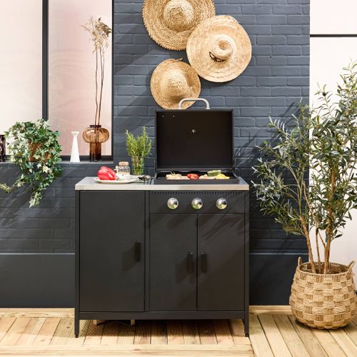 Barbecue Gaz 3 Brûleurs . Noir. 3 Portes Et 2 Espaces De Rangement