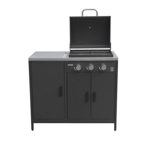 Barbecue Gaz 3 Brûleurs . Noir. 3 Portes Et 2 Espaces De Rangement