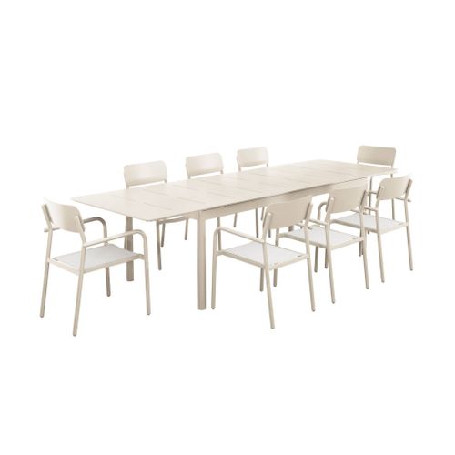 Table De Jardin Extensible Aluminium + 8 Assises Beige. 8 Fauteuils Textilène. 210/300 X 100 X 75.5