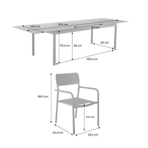 Table De Jardin Extensible Aluminium + 8 Assises Anthracite. 8 Fauteuils Textilène. 210/300 X 100 X