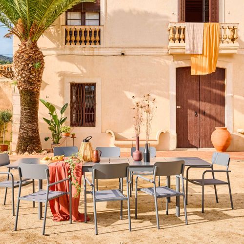 Table De Jardin Extensible Aluminium + 8 Assises Anthracite. 8 Fauteuils Textilène. 210/300 X 100 X