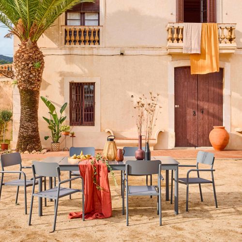 Table De Jardin Extensible Aluminium + 8 Assises Anthracite. 8 Fauteuils Textilène. 210/300 X 100 X