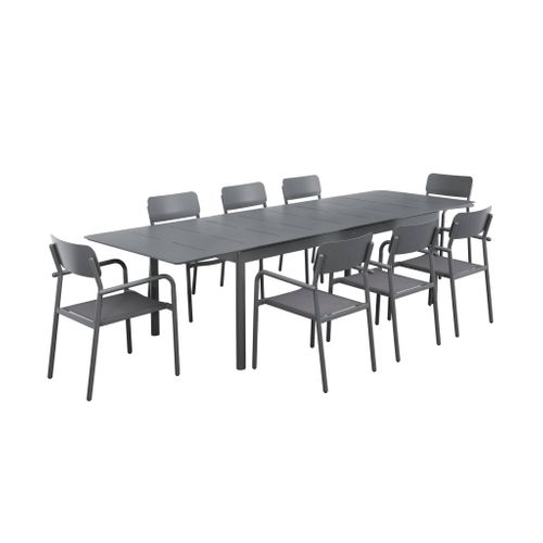 Table De Jardin Extensible Aluminium + 8 Assises Anthracite. 8 Fauteuils Textilène. 210/300 X 100 X