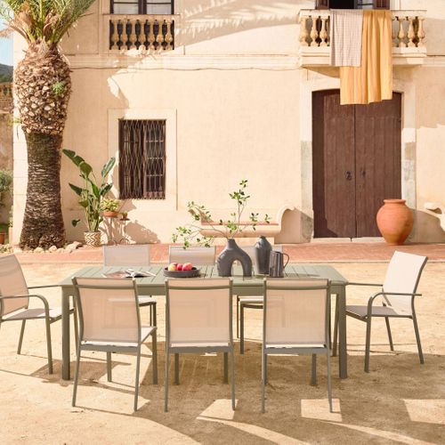 Table De Jardin Extensible Aluminium + 10 Assises Aluminium Et Textilène Kaki. 8 Chaises. 2