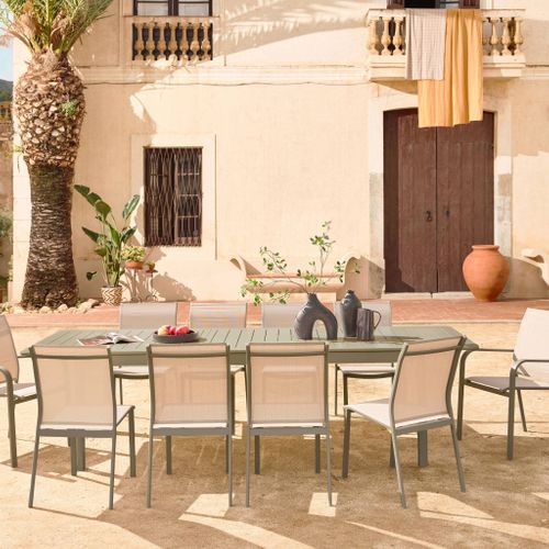 Table De Jardin Extensible Aluminium + 10 Assises Aluminium Et Textilène Kaki. 8 Chaises. 2