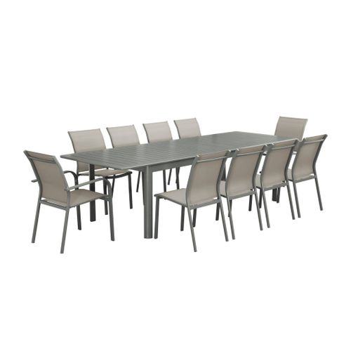 Table De Jardin Extensible Aluminium + 10 Assises Aluminium Et Textilène Kaki. 8 Chaises. 2