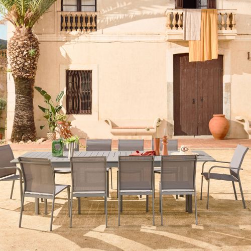 Table De Jardin Extensible Aluminium + 10 Assises Aluminium Et Textilène Anthracite. 8 Chaises. 2