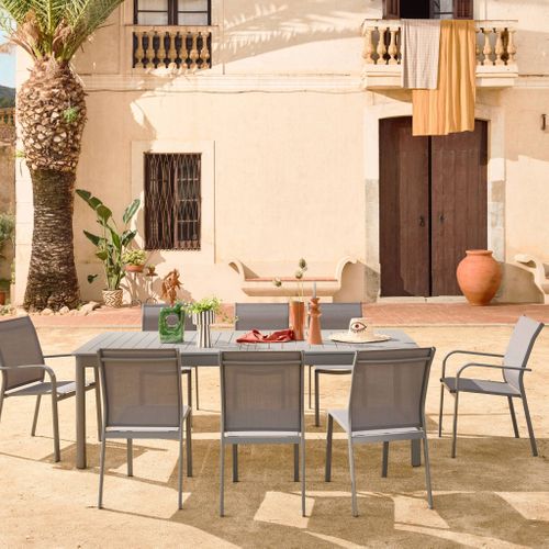 Table De Jardin Extensible Aluminium + 10 Assises Aluminium Et Textilène Anthracite. 8 Chaises. 2