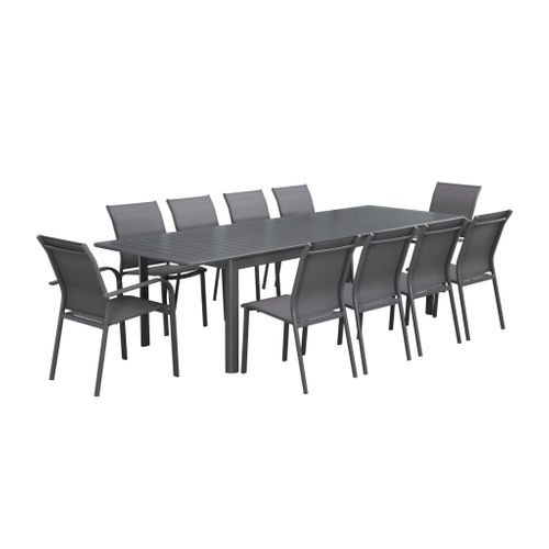 Table De Jardin Extensible Aluminium + 10 Assises Aluminium Et Textilène Anthracite. 8 Chaises. 2
